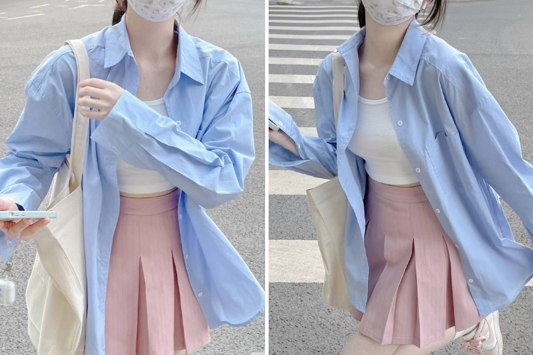 mix áo sơ mi xanh với màu hồng