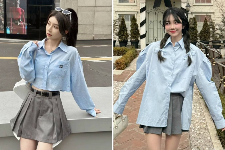 phối áo sơ mi xanh với màu xám