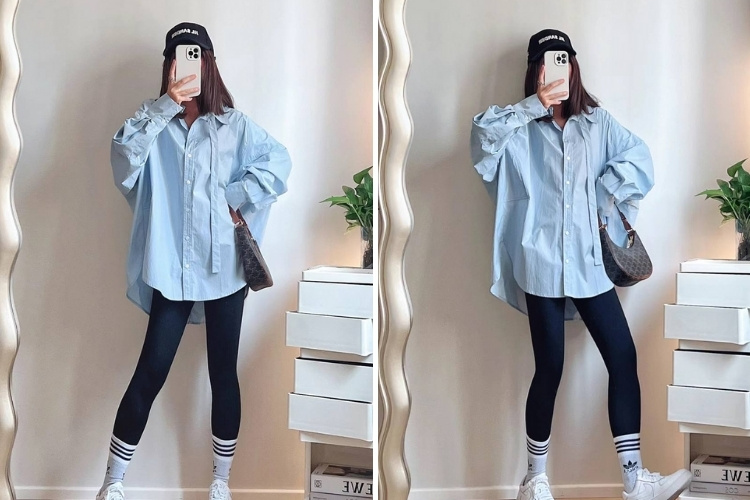 mix áo sơ mi xanh với quần legging tôn dáng