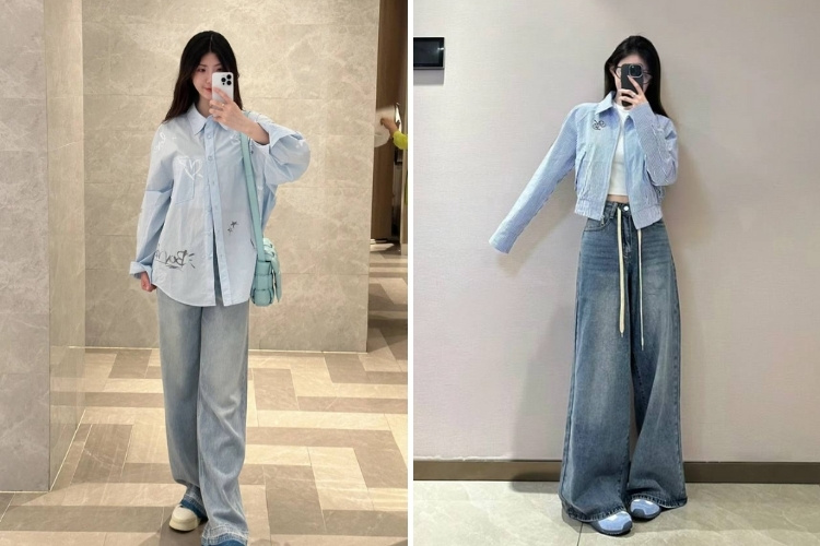 mix quần jeans ống rộng với áo sơ mi xanh