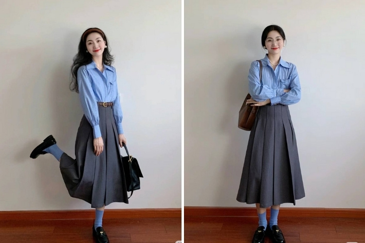 áo sơ mi xanh phối chân váy xòe