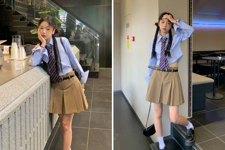 mix áo sơ mi xanh với chân váy xếp ly