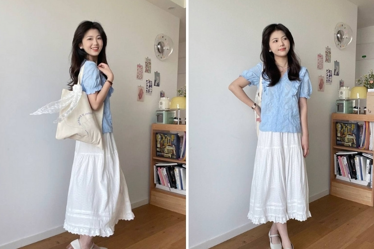 phối áo sơ mi xanh với chân váy midi