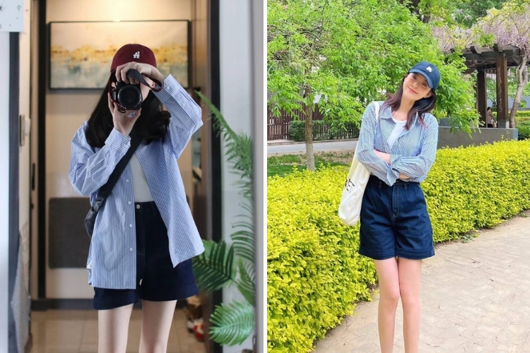 phối áo sơ mi xanh với quần short