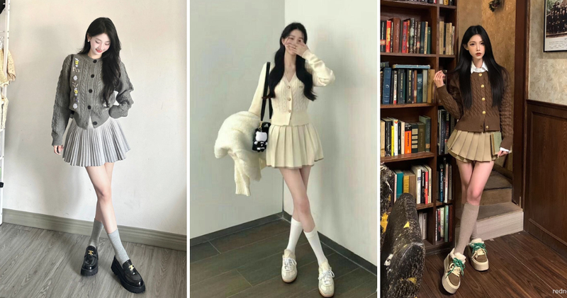 Áo cardigan nữ phối cùng chân váy xếp ly ngắn là lựa chọn không thể bỏ qua.