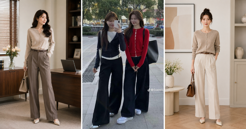 Để có một set đồ công sở thanh lịch, hãy phối đồ với áo khoác cardigan nữ và quần tây hoặc quần ống suông.