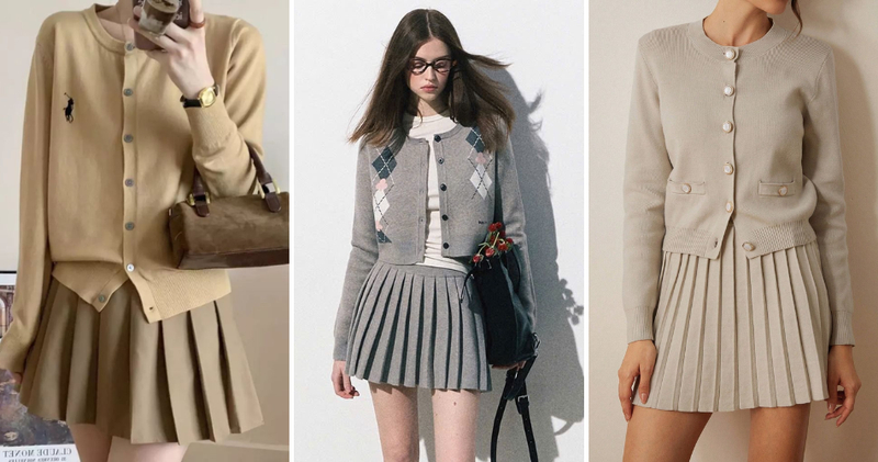 Mix cardigan với chân váy ngắn xếp ly phong cách Y2K hoặc preppy school (nữ sinh)