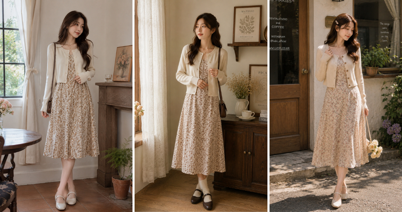 Mix cardigan với cùng hai dây/váy hoa nhí quyến rũ nhưng vẫn tinh tế, kín đáo.