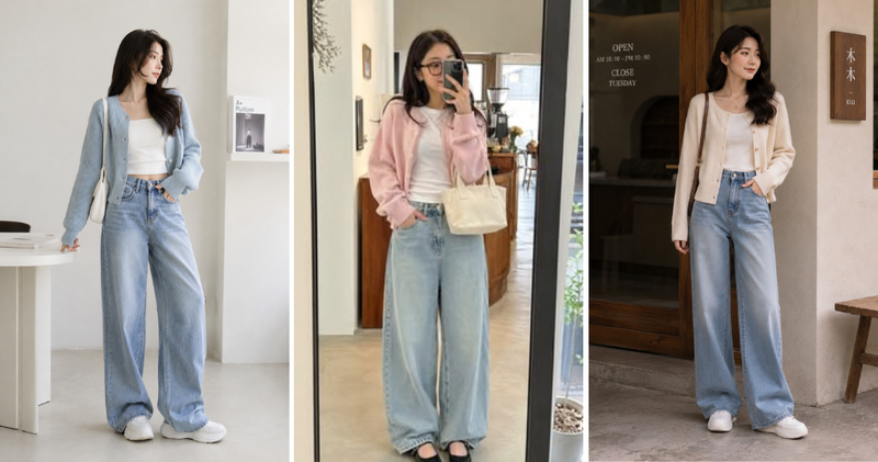 Phối cardigan với quần jean ống rộng.