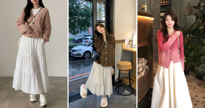 Phối đồ với áo len cardigan và chân váy dài (midi hoặc maxi) tạo nên phong cách vintage, nền nã.