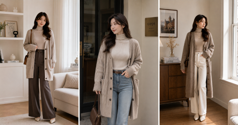 Phối đồ với cardigan dáng dài cùng áo len cổ lọ ôm sát mang đậm phong cách Hàn Quốc, vừa thời trang lại vừa ấm áp.