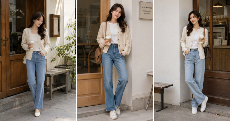 Quần jeans phối cùng áo cardigan nhẹ nhàng, thanh lịch.
