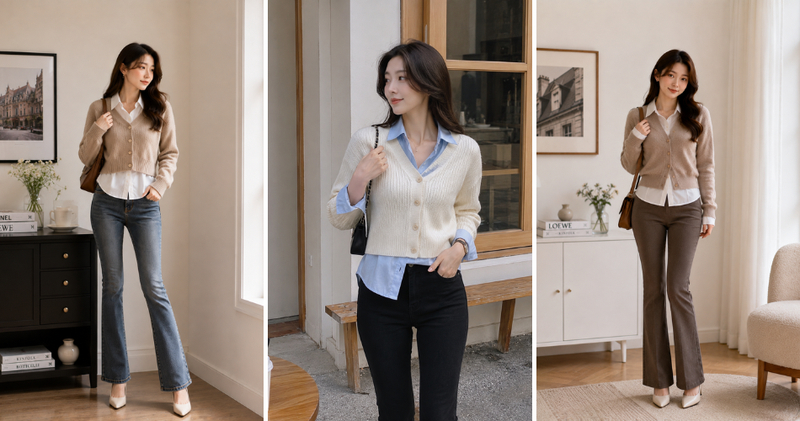 Sự kết hợp giữa nét nghiêm túc của áo sơ mi và sự mềm mại của áo len tạo ra tổng thể hoàn hảo.