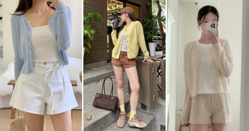Trong những ngày thời tiết giao mùa, phối đồ với áo cardigan và quần short là một gợi ý tuyệt vời.