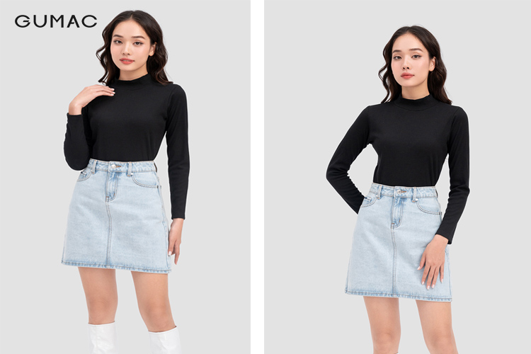 chân váy dáng chữ A phối cùng áo thun dài tay