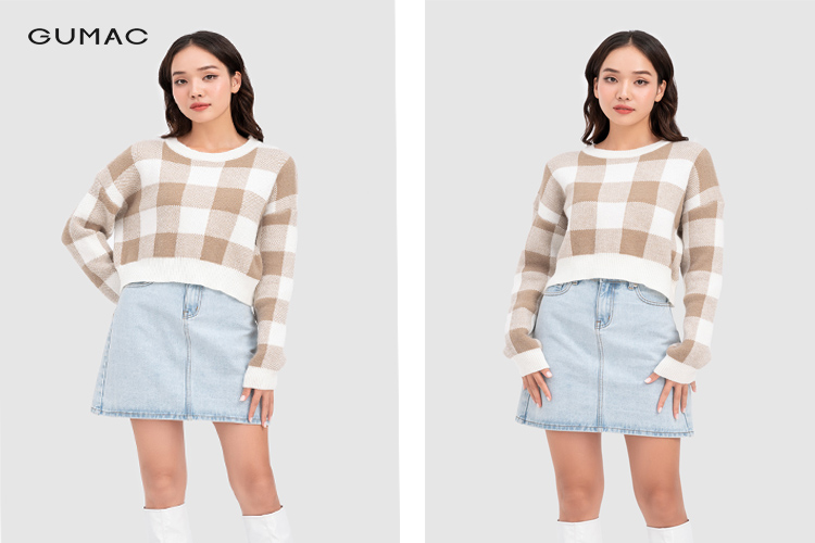 váy chữ A và áo len cổ tròn