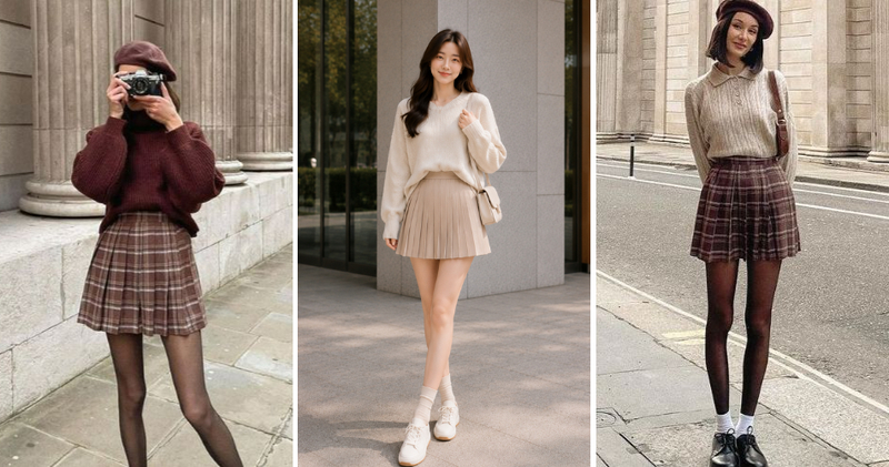 Chân váy xếp ly ngắn kết hợp cùng áo len ấm áp.