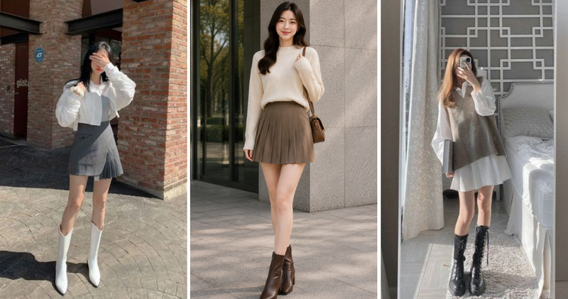 Giày boot da diện cùng váy xếp ly ngắn.
