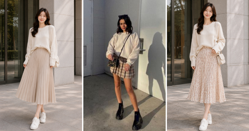 Phối áo sweater với chân váy xếp ly năng động.