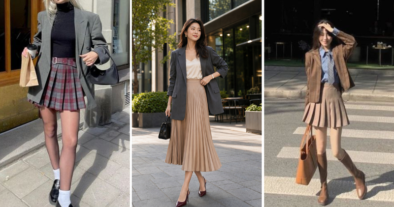 Phối chân váy xếp ly với áo blazer thời thượng.