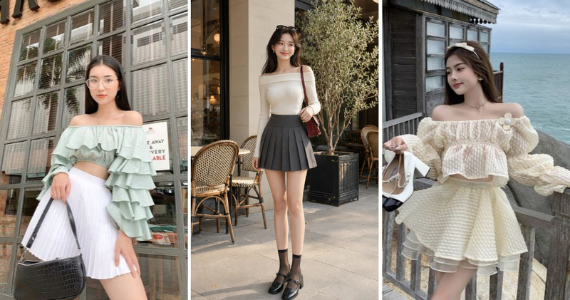 Váy xếp ly ngắn phối cùng áo trễ vai gợi cảm.