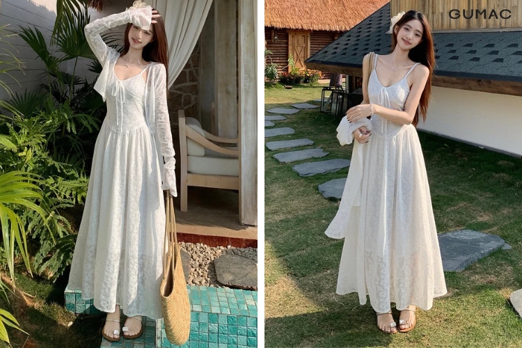 dam maxi trang dai hai day hoa nhi