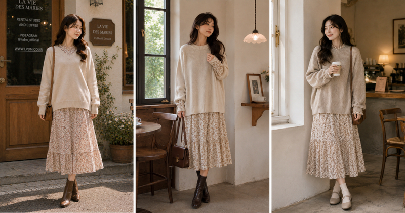 Áo len oversized mặc trùm ra ngoài chiếc váy hoa dáng dài tạo nên hiệu ứng layer cực kỳ bắt mắt.