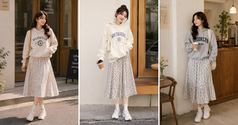 Chiếc váy hoa nhí nữ tính kết hợp cùng áo sweater hoặc hoodie năng động tạo nên một tổng thể vô cùng cá tính và nổi bật.