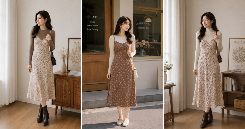 Mặc áo len ôm sát bên trong váy 2 dây hoa nhí, có ngay một set đồ hoàn hảo cho ngày đông.