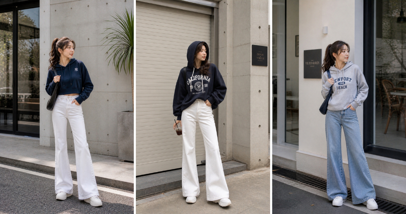 Quần bò vẩy mix áo hoodie đậm chất thể thao.