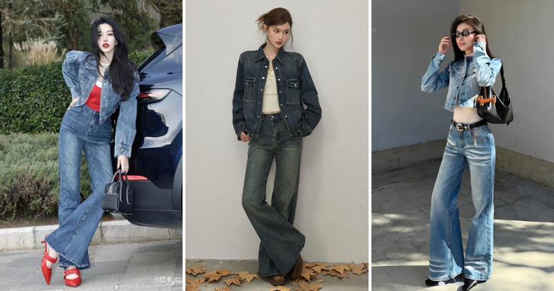 Quần bò vẩy phối cùng áo khoác denim bụi bặm.