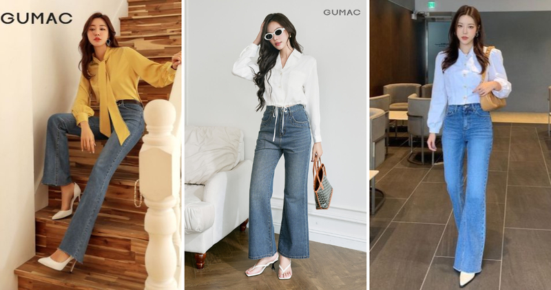 Quần jean ống loe mặc với áo sơ mi thanh lịch.