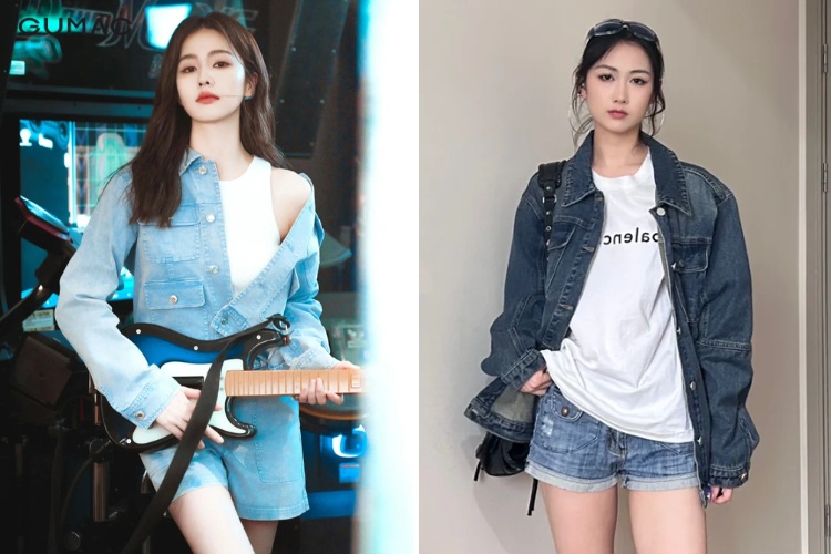 Phối quần short với áo khoác jean