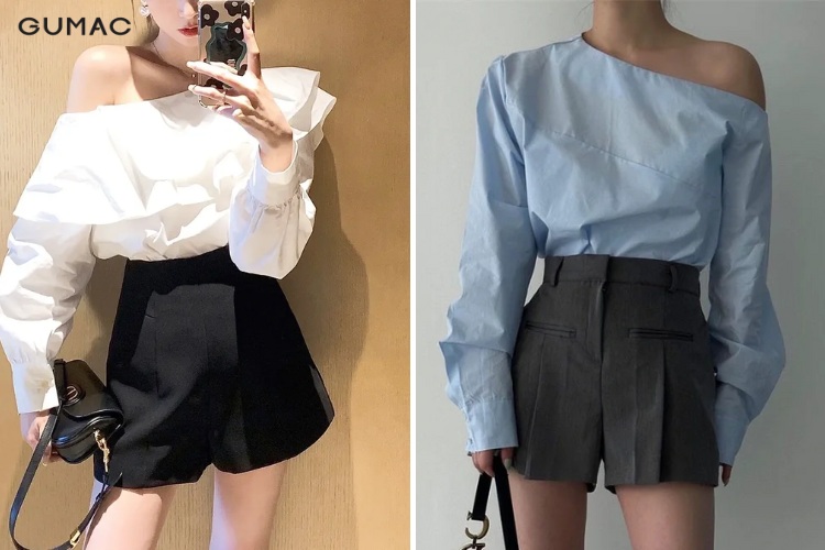 Phối quần short với áo trễ vai quyến rũ