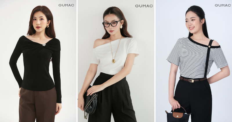 Áo lệch vai phối cùng quần short jeans ống rộng trẻ trung, cuốn hút.