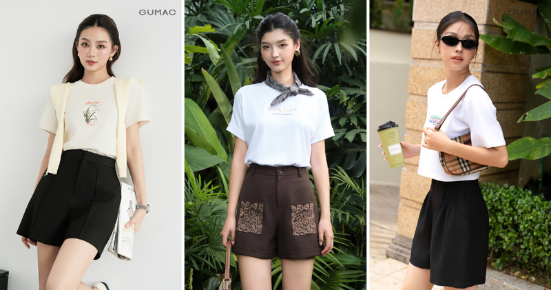 Áo thun nữ dáng vừa vặn phối cùng quần short ống rộng màu trung tính sẽ tạo tổng thể nhã nhặn.