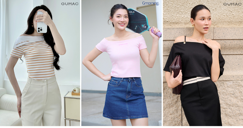 Áo trễ vai chất mềm phối cùng quần short nữ ống rộng vải suông sẽ mang lại vẻ ngoài dịu dàng.