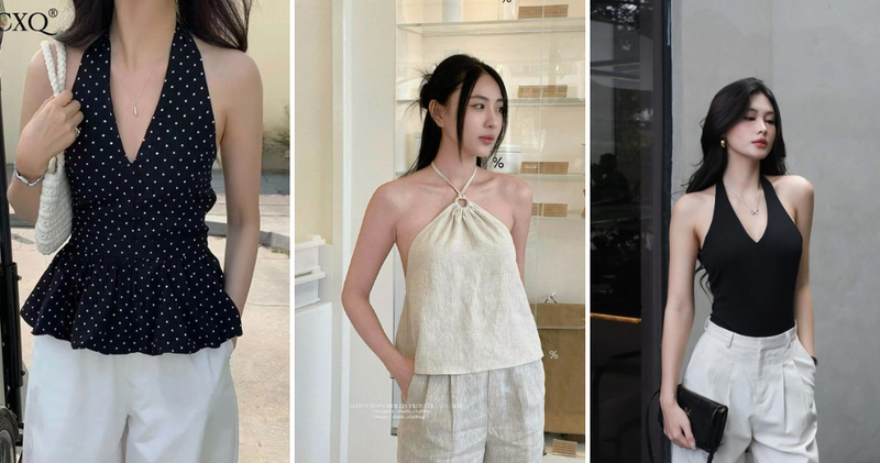 Chọn áo cổ yếm màu trung tính như trắng, kem, nâu nhạt hoặc đen phối cùng quần short cạp cao sẽ giúp tổng thể sang và nhã nhặn.