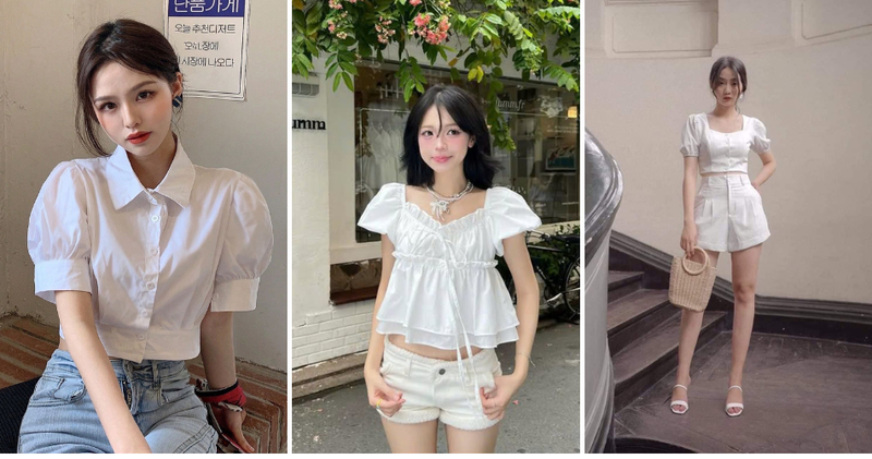 Croptop tay phồng, cổ vuông hoặc bèo nhỏ phối cùng quần short vải sẽ tạo cảm giác dịu dàng, nữ tính.