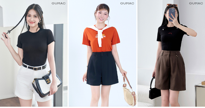 Nàng có thể chọn áo thun trơn cổ tròn hoặc cổ tim, sơ vin gọn gàng cùng quần short cạp cao.