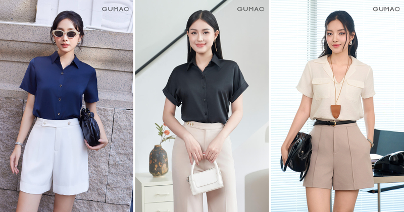 Nàng có thể chọn áo sơ mi tay ngắn trơn màu phối cùng quần short vải ống rộng giúp tổng thể trông chuyên nghiệp hơn.