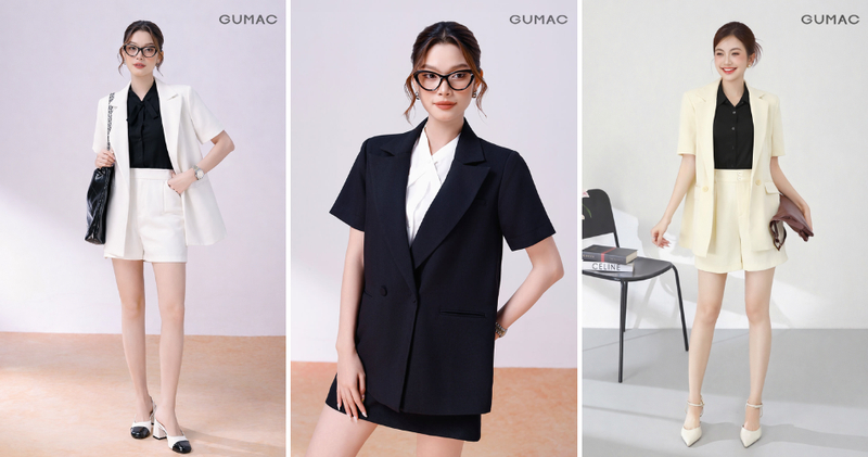 Nàng có thể mặc sơ mi bên trong, khoác ngoài blazer cộc tay và phối cùng quần short nữ ống rộng đồng màu vừa gọn gàng vừa sang.