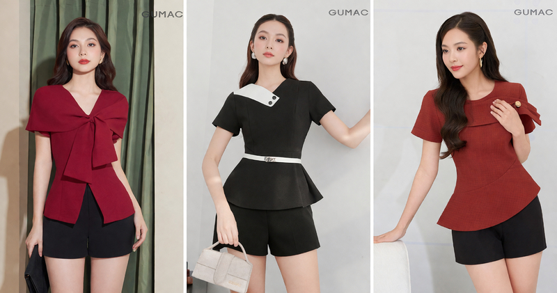 Nàng phối áo peplum cùng quần short vải trung tính dịu dàng, thanh lịch.