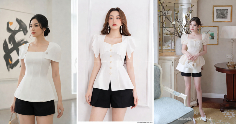 Quần short mặc cùng thiết kế peplum có cổ vuông, tay phồng hoặc chi tiết nhún nhẹ nổi bật, tinh tế.