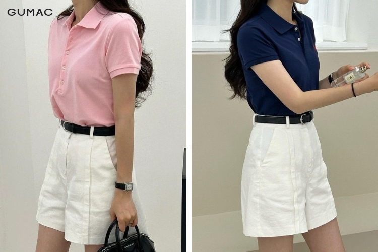 ao polo mix quan short nu kaki ngang goi