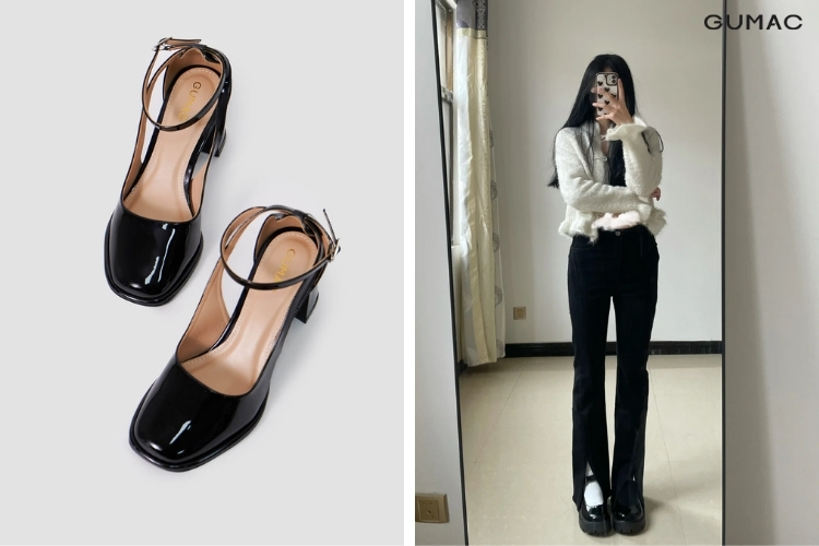 Giày búp bê phối outfit quần tây đen nữ tính