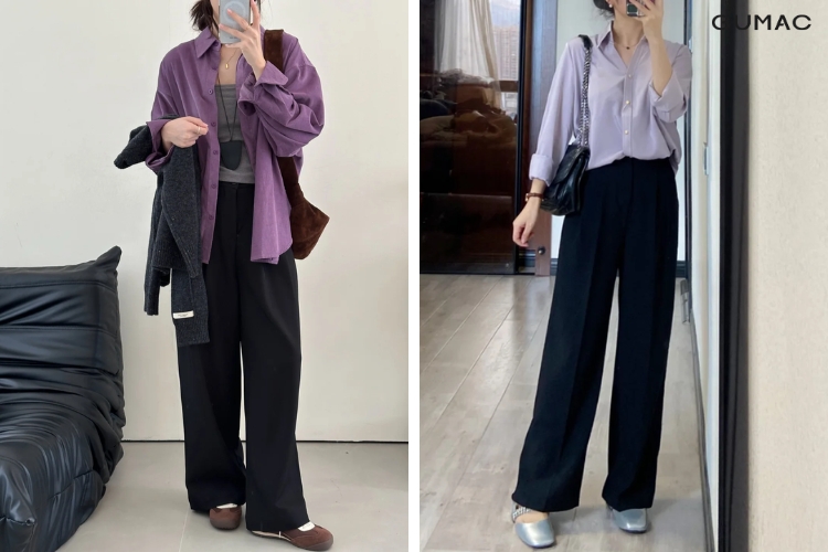 Những mẫu quần dài nữ mix với áo kiểu màu tím