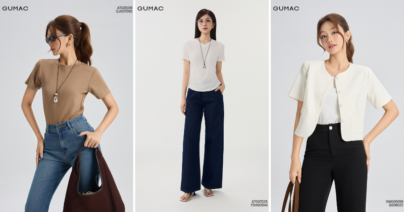 Dáng tam giác ngược nên chọn áo size M có thiết kế đơn giản ở phần vai, tránh quá nhiều chi tiết bèo nhún, đệm vai hoặc tay phồng lớn.