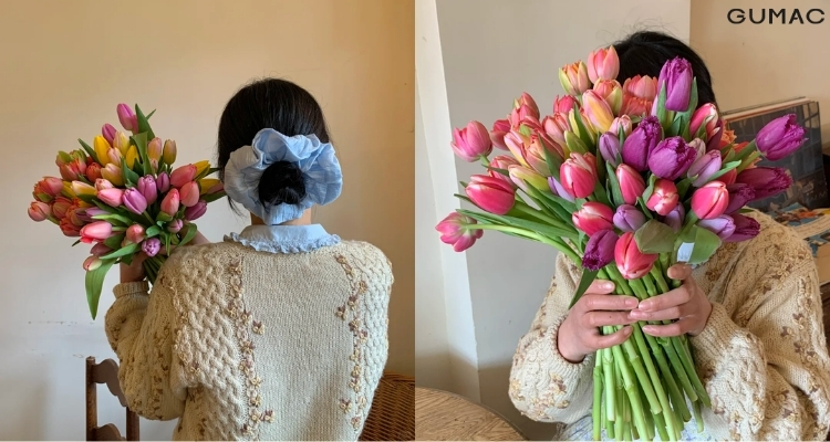 chup anh voi hoa tulip giau mat