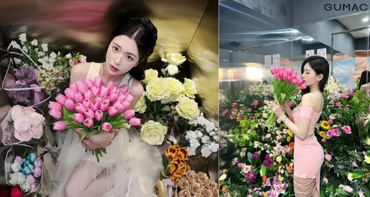 chup anh voi hoa tulip trong thang may